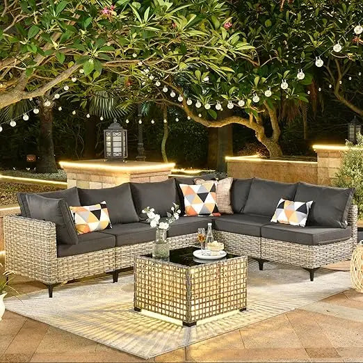 7 Piece Outdoor Patio Furniture with Glowing Coffee Table