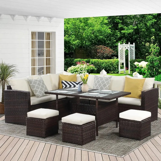 7 Piece Outdoor Dining Sectional Sofa with Dining Table