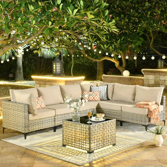 7 Piece Outdoor Patio Furniture with Glowing Coffee Table