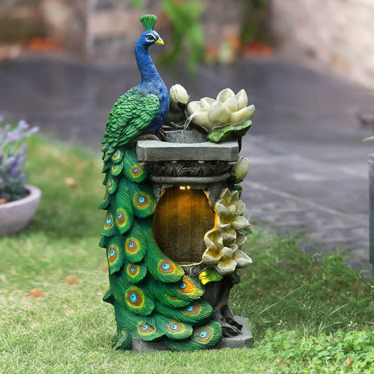 Peacock and Flower Polyresin Colorful Water Fountain