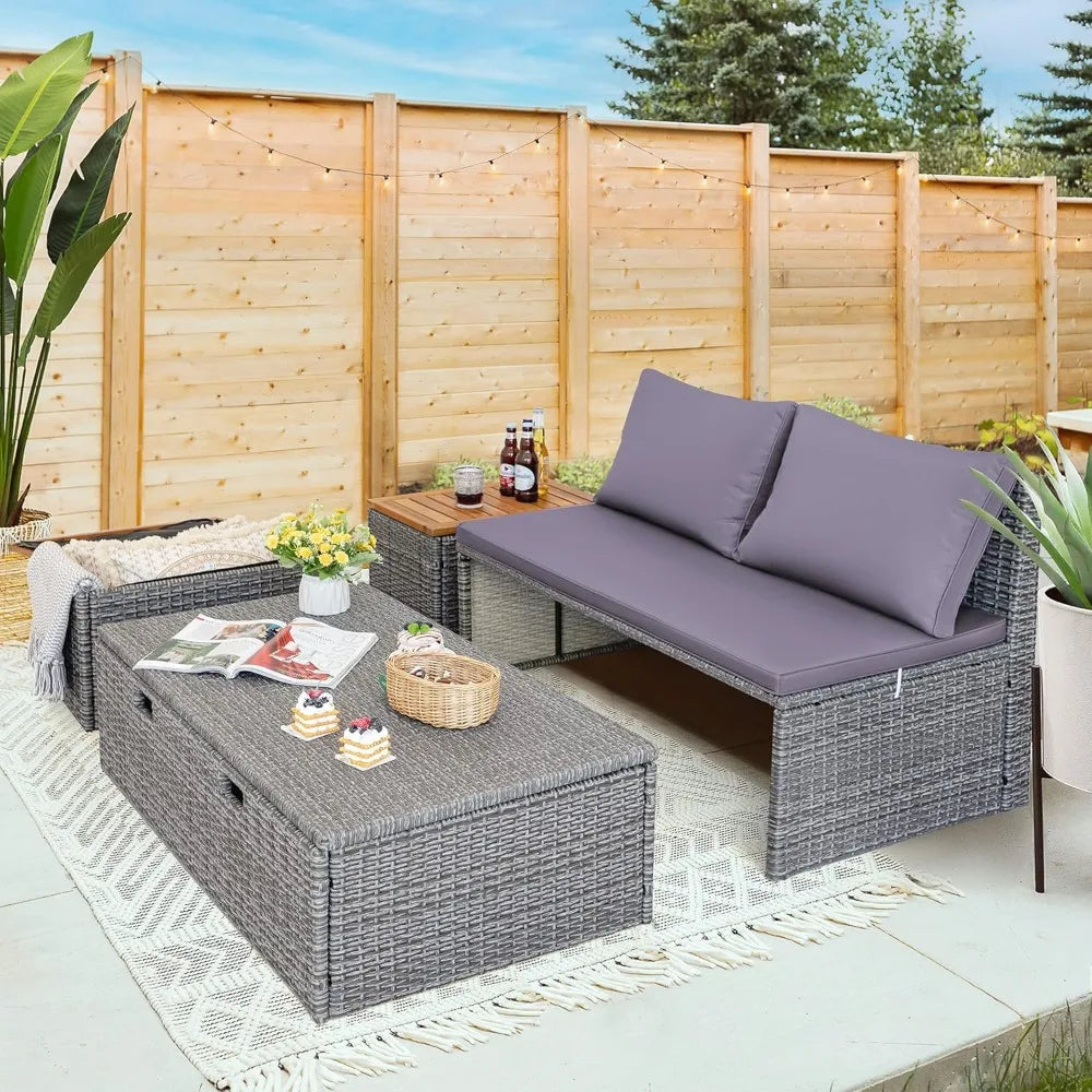 Patio Day Bed with 2 Side Tables Outdoor